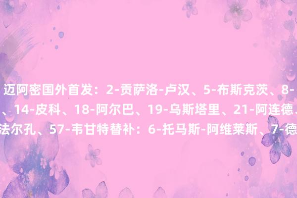 迈阿密国外首发：2-贡萨洛-卢汉、5-布斯克茨、8-塞戈维亚、9-苏亚雷斯、14-皮科、18-阿尔巴、19-乌斯塔里、21-阿连德、30-克雷马斯基、37-法尔孔、57-韦甘特替补：6-托马斯-阿维莱斯、7-德保罗、10-梅西、11-巴尔塔萨尔-罗德里格斯、17-伊恩-弗雷、32-诺亚-艾伦、34-里奥斯、41-戴维-鲁伊斯、42-扬尼克-布赖特体育录像/图片